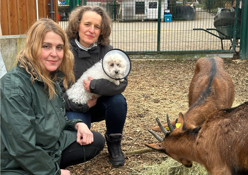 Sonja (VgT.ch), Katharina und Eve auf dem VgT Lebenshof in Buhwil TG.